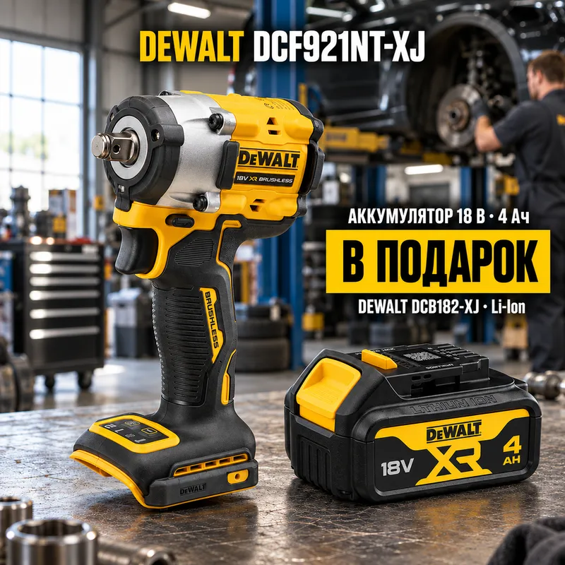 Аккумуляторный ударный гайковерт DeWalt DCF921NT-XJ + аккумулятор в подарок 18В, 4.0 А·ч, DCB182-XJ
