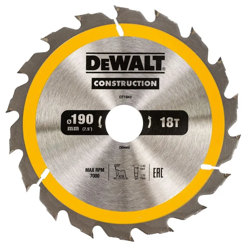 Диск пильный по дереву DeWALT "CONSTRUCTION" 18T 190х30мм DT1943-QZ